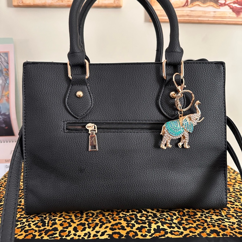 Elegant Black Handbag with Cherry Charm-Vegan Leather - Picture 3 of 10